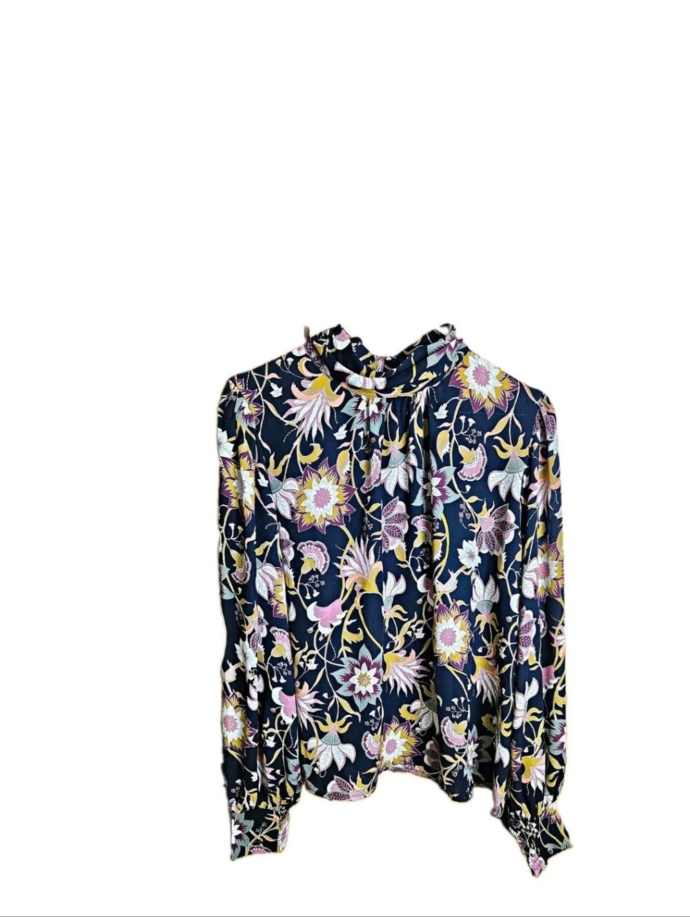 EVEREVE Floral Mock Neck Long Sleeve Pleated Woven Polyester Blouse Black M